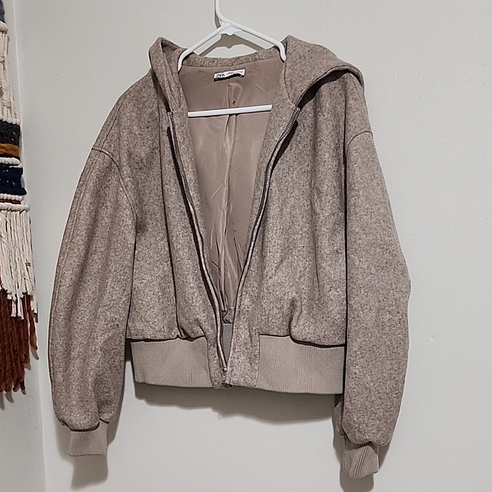 Zara Women's Tan Bomber Jacket with Hood